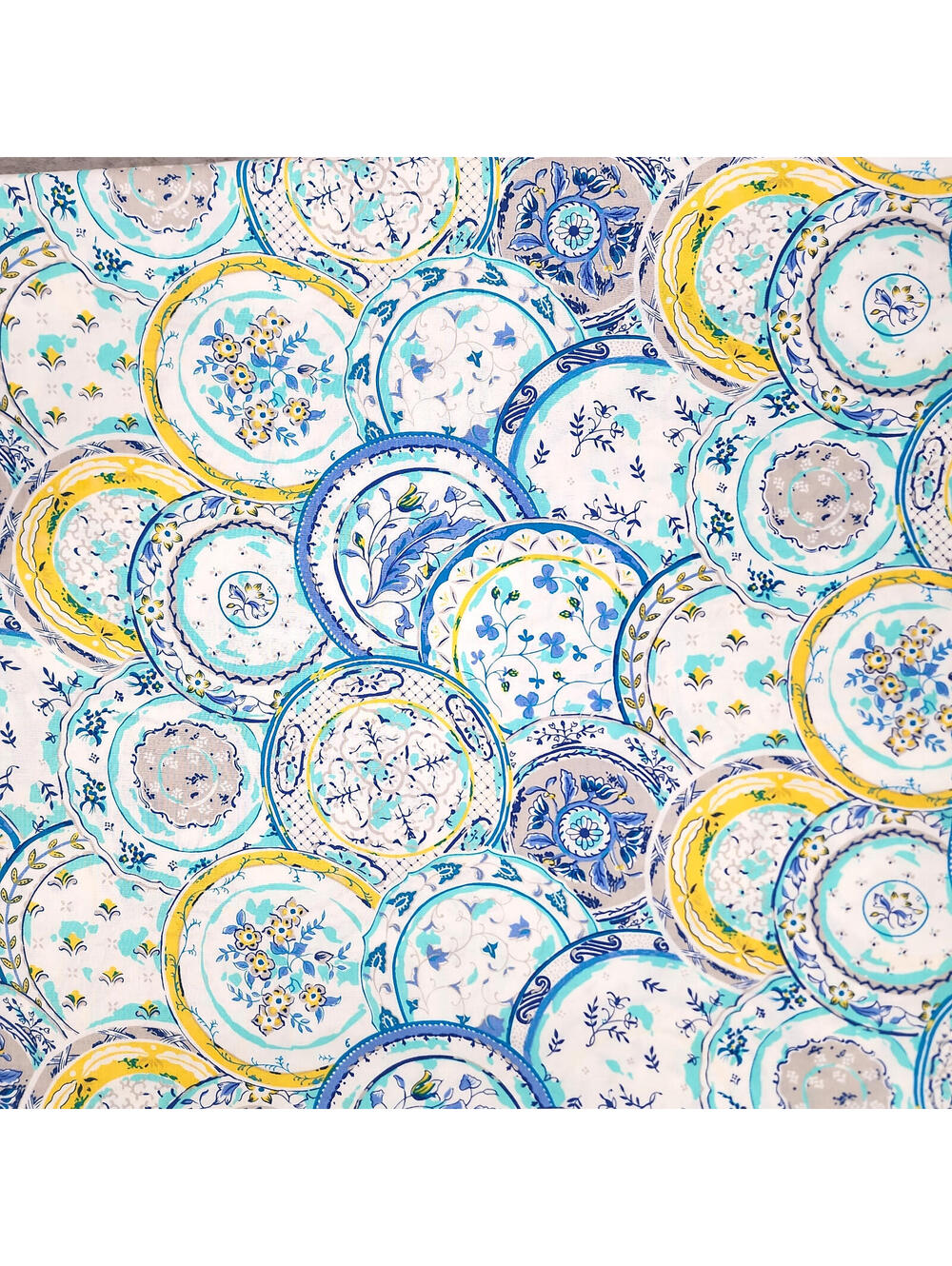 Blue Yellow Teal Plates, Waverly Inspirations Cotton Fabric Remnant 167×43 in.